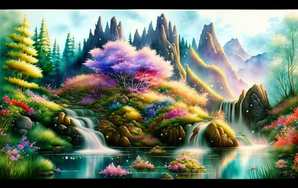 Colorful Fantasy Landscape with Waterfalls, Ponds, and Mountains