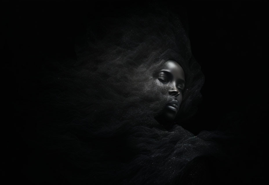 Monochromatic artistic image of person enveloped in delicate fabric against dark background