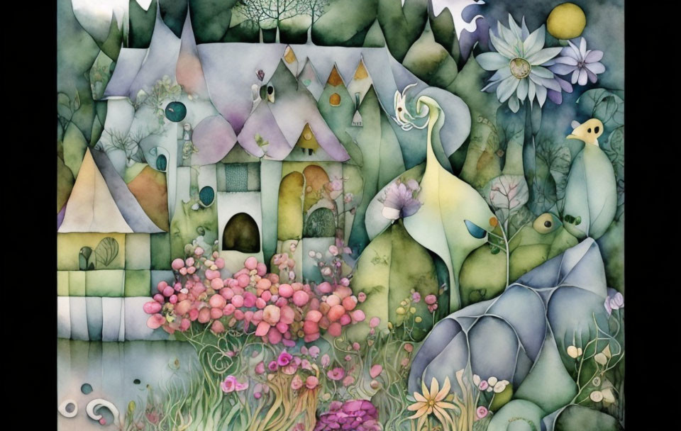 Whimsical village illustration with storybook houses and vibrant plants