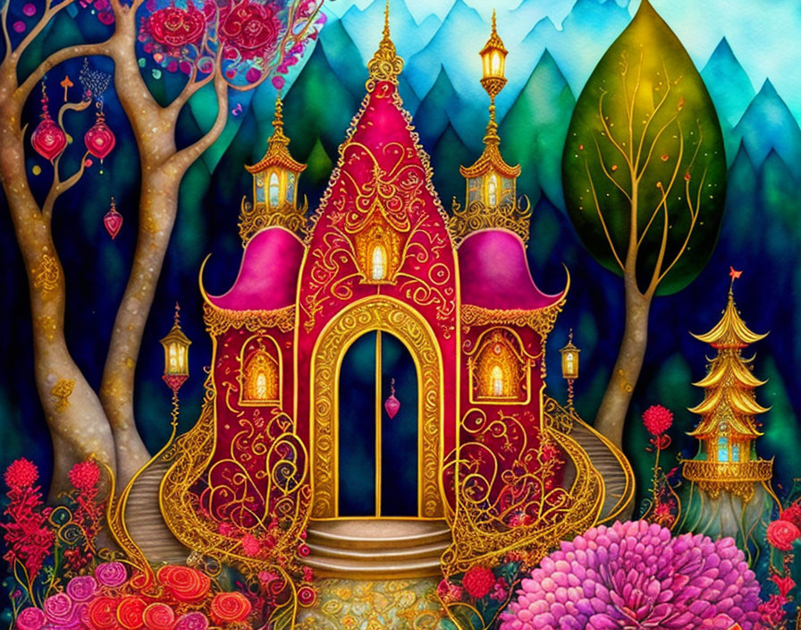 Whimsical golden-domed palace in magical forest with colorful flora