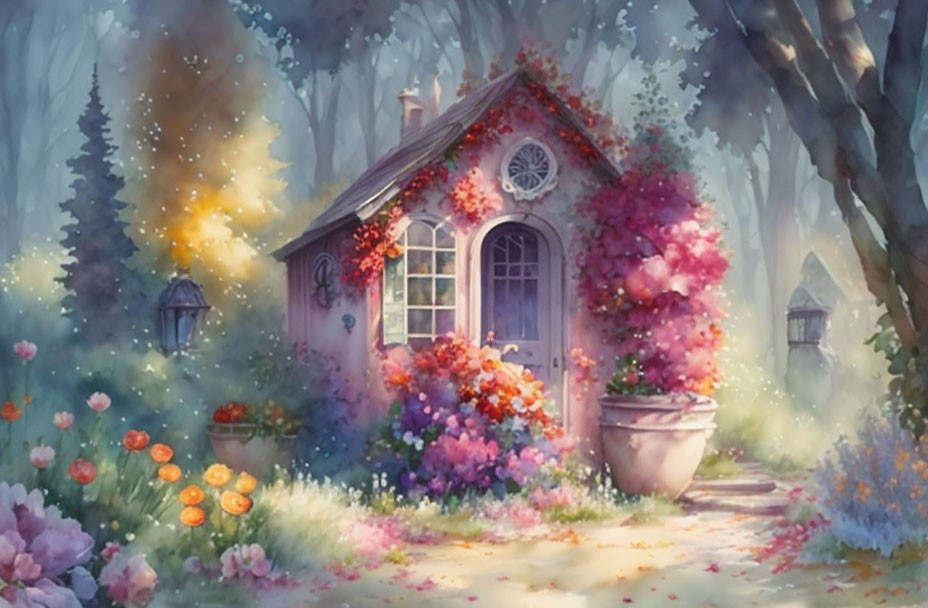 Cozy cottage in enchanted forest with lush flowers