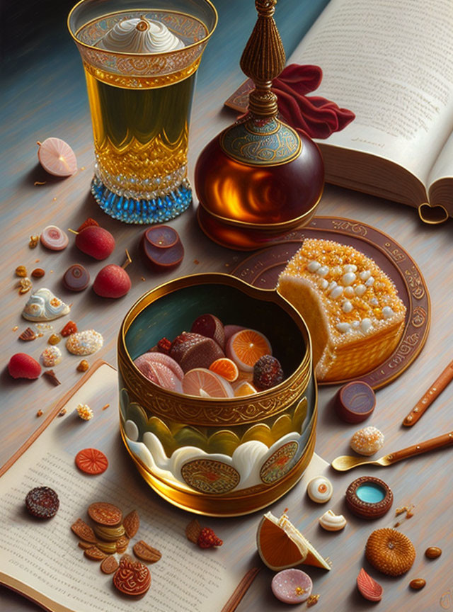 Opulent still life with golden cup, colorful confections, spices, and open book