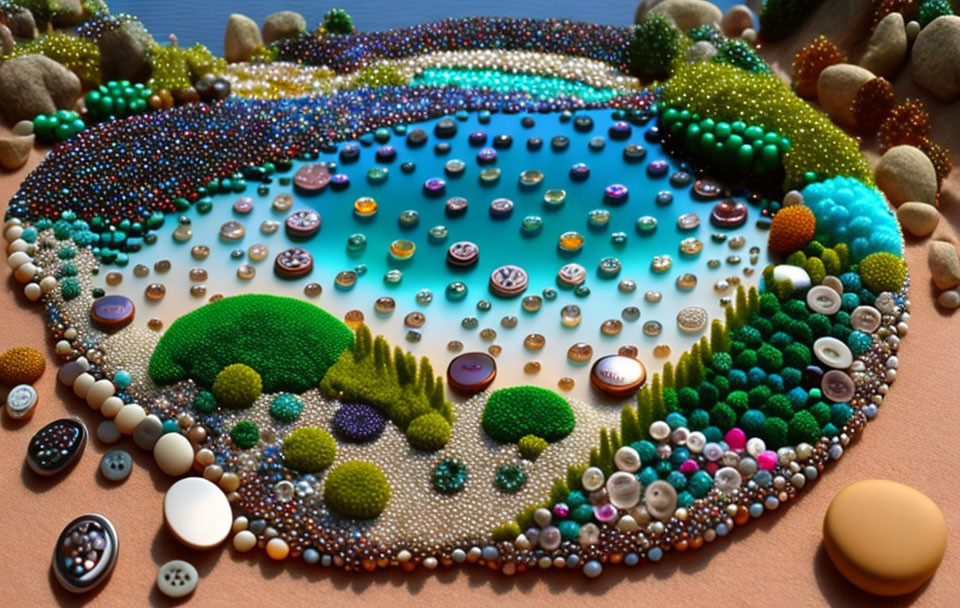 Colorful Bead, Button, and Stone Art: Whimsical Landscape with Trees and Pond