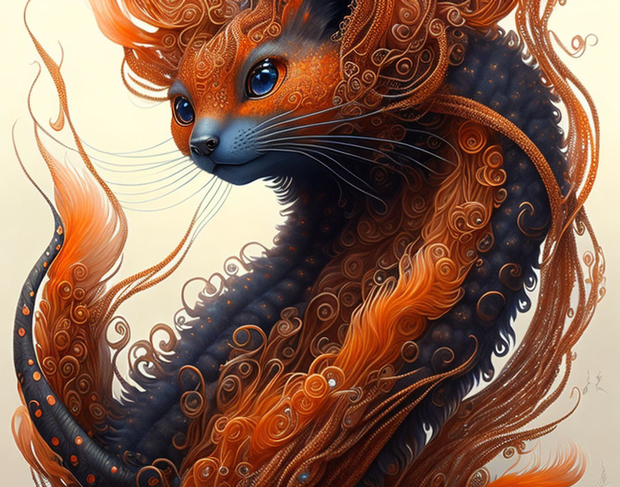 Intricate illustration of whimsical cat-like creature with ornate orange fur