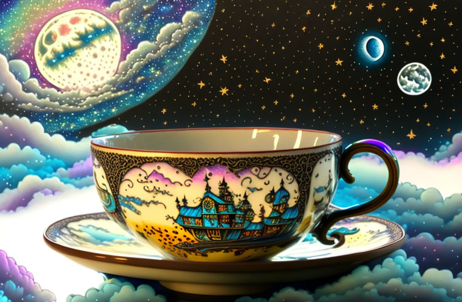 Decorative teacup and saucer on cosmic backdrop with nebulas.