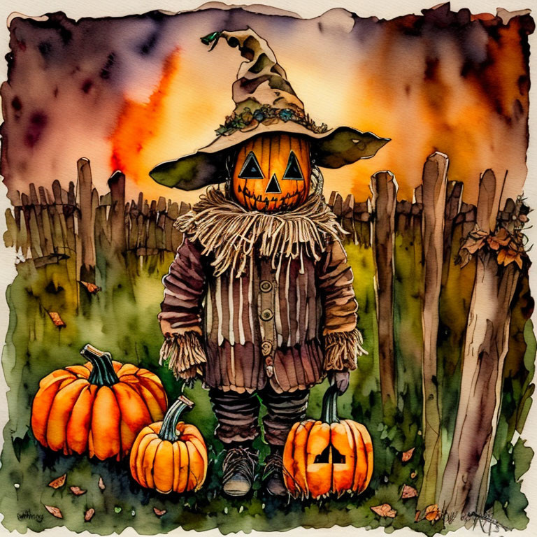 Whimsical scarecrow with pumpkin head in autumn setting