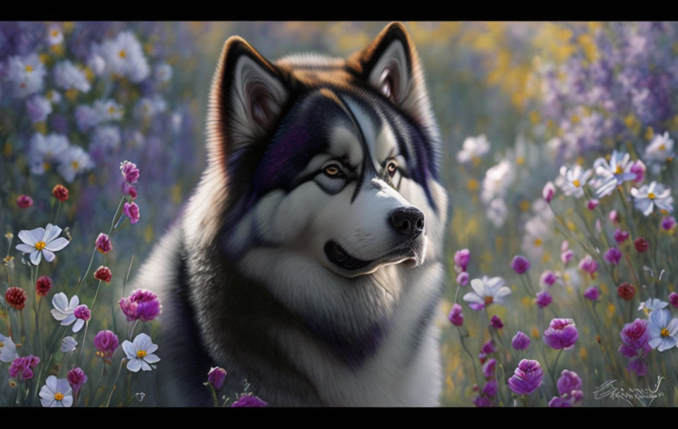 Majestic Alaskan Malamute in Vibrant Wildflower Field