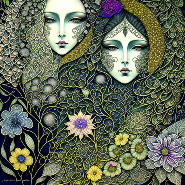 Intricate artwork featuring stylized faces and floral patterns