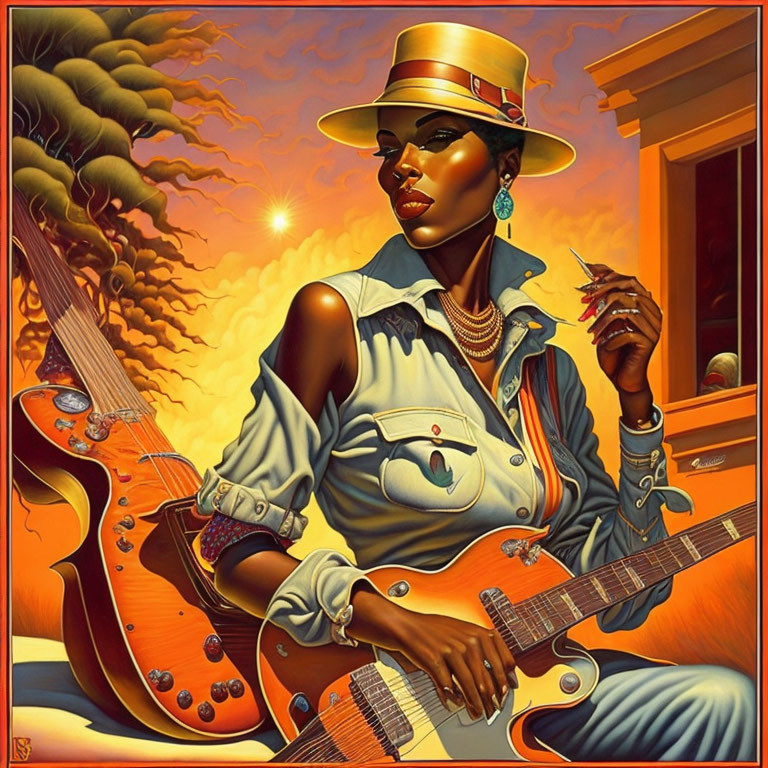 Woman in hat with guitar against surreal background