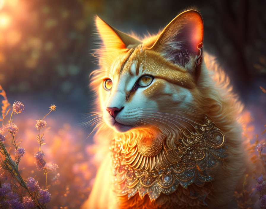 Ginger Cat with Golden Necklace Among Lilac Flowers