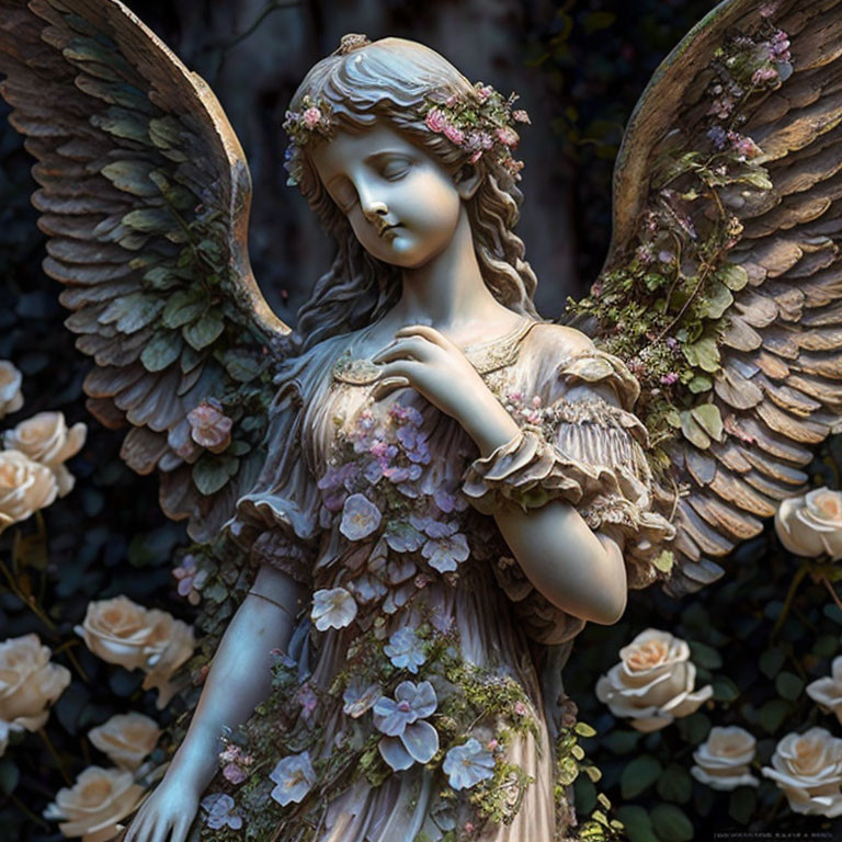 Detailed Angel Statue with Pink Flowers and Roses Backdrop