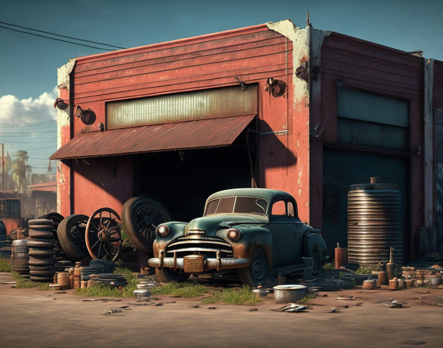 Abandoned car in cluttered, rundown garage with tires, cans, and rusty exterior