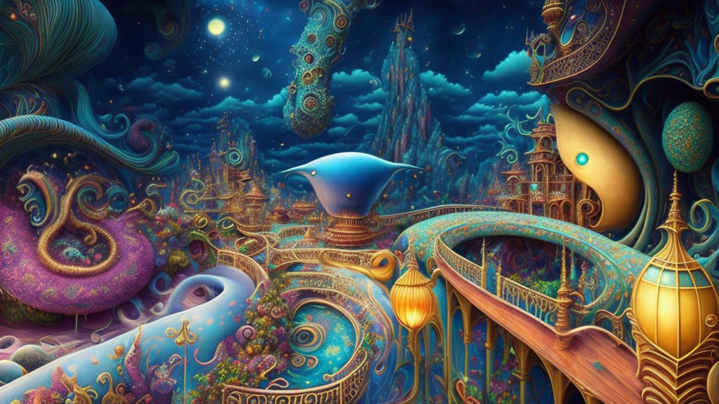 Fantastical landscape with whimsical architecture and celestial bodies