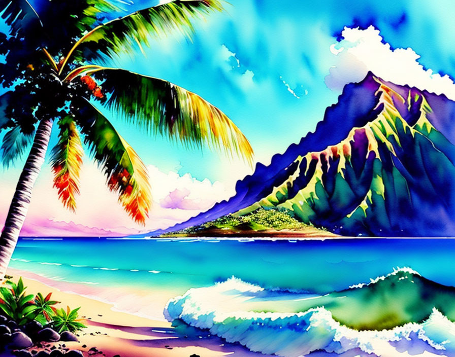 Tropical beach watercolor painting with palm trees, blue water, waves, and lush mountain