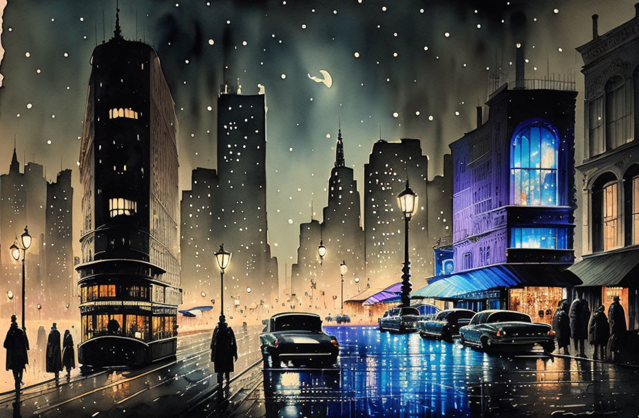 Night cityscape with glowing streetlights, rain-soaked streets, vintage cars, pedestrians, and cres