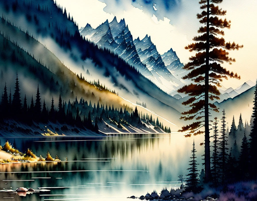 Tranquil mountain scenery with lake, mirrored peaks, forests, and pine tree.