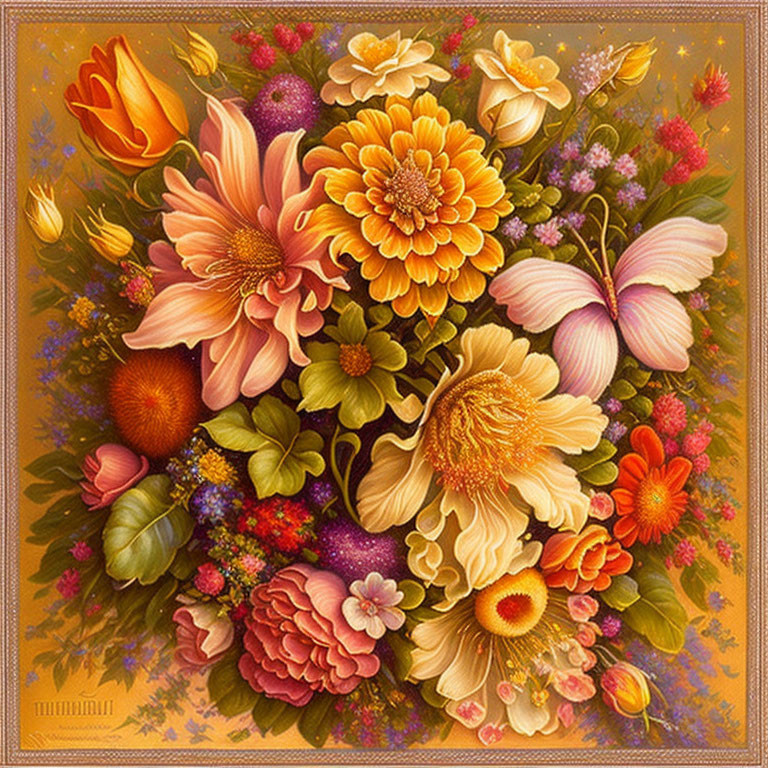 Colorful Floral Painting with Tulips and Dahlias on Warm Background