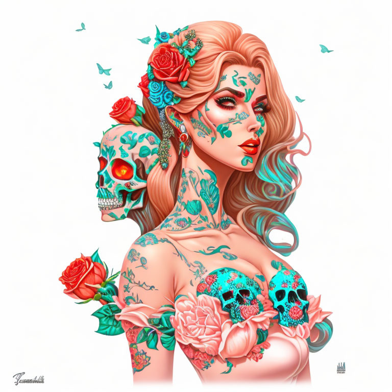 Digital artwork of woman with tattooed skin, half skull face, roses, and butterflies