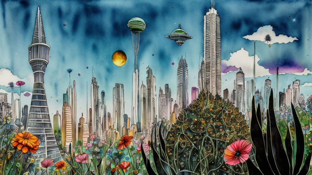 Colorful futuristic cityscape with skyscrapers and floating structures under dreamy sky