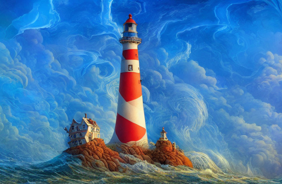 Illustration of red and white striped lighthouse on rocky outcrop with surreal blue skies and waves