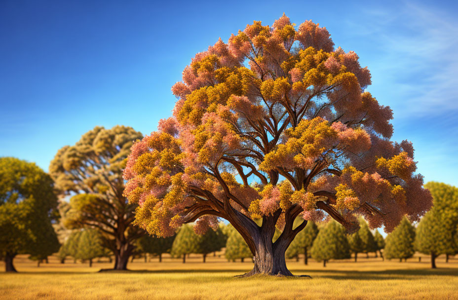 Majestic tree with lush orange leaves in serene field surrounded by forest