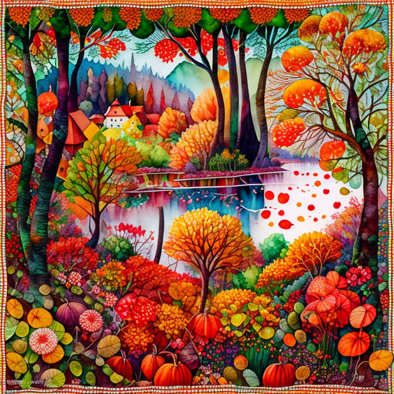 Colorful autumnal forest illustration with river, house, and intricate flora