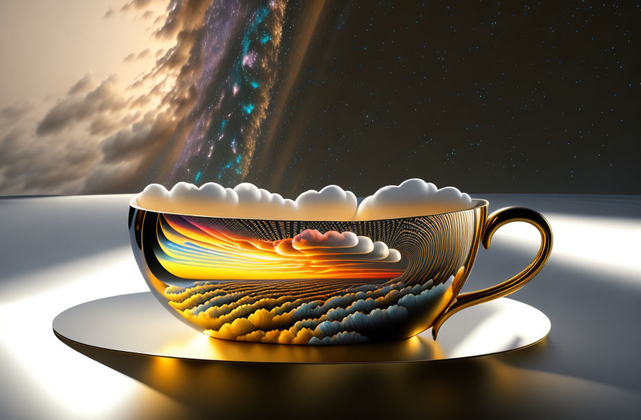 Surreal coffee cup with cosmic scene and spilled clouds on reflective surface