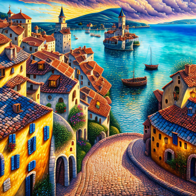 Picturesque Coastal Village: Colorful Houses, Winding Streets, Boats on Serene Sea at