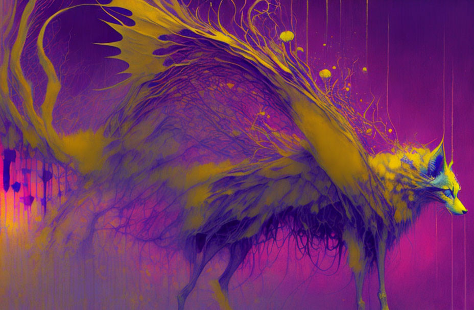 Mystical fox with fiery wing on purple abstract backdrop