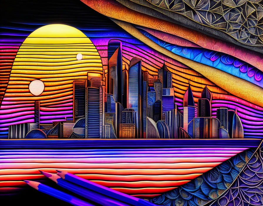 Vibrant cityscape and nature digital art with sun, moon, and abstract patterns