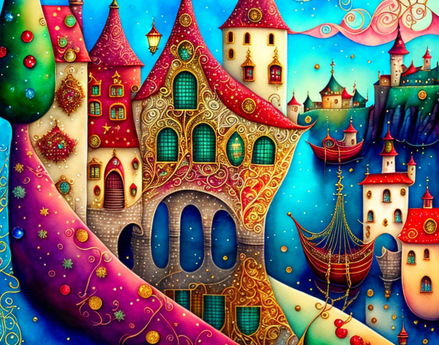 Whimsical, vibrant artwork of a fantastical castle and sailing ship