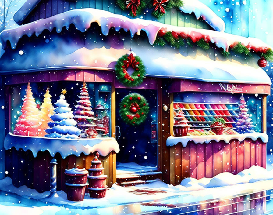 Cozy Christmas shop with twinkling lights and snow-covered roof