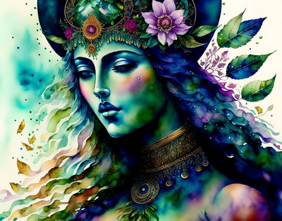 Vibrant watercolor artwork of a mythical female figure with crown, jewelry, and floral motifs blending