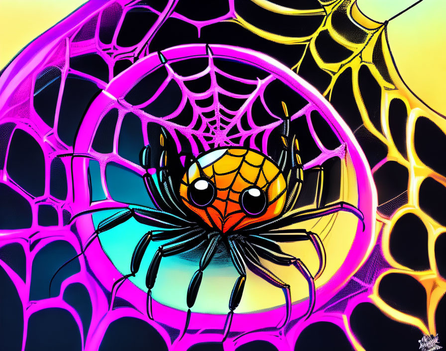 Vibrant digital spider drawing in colorful web