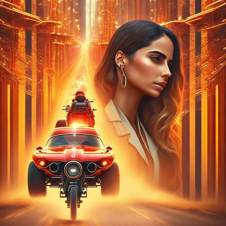 Digital artwork: Woman's profile merges with futuristic cityscape & red-glowing vehicle.