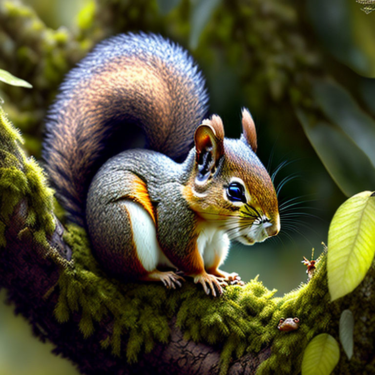 Squirrel with lush fur on moss-covered branch in green background