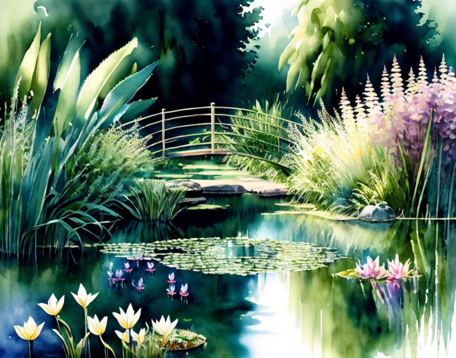 Tranquil watercolor painting of lush greenery, pond with water lilies, and wooden bridge