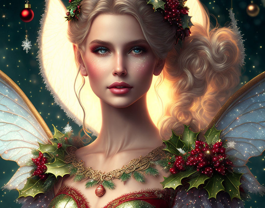 Fantasy portrait: Female fairy with delicate wings, Christmas decorations, holly berries, snowy backdrop