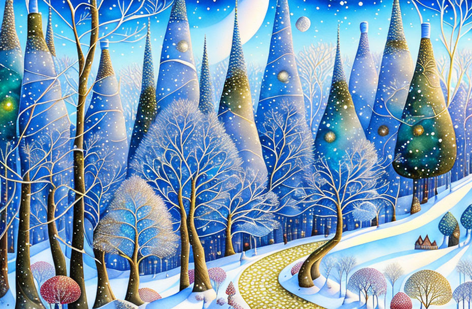 Snow-covered trees and glowing orbs in serene winter landscape