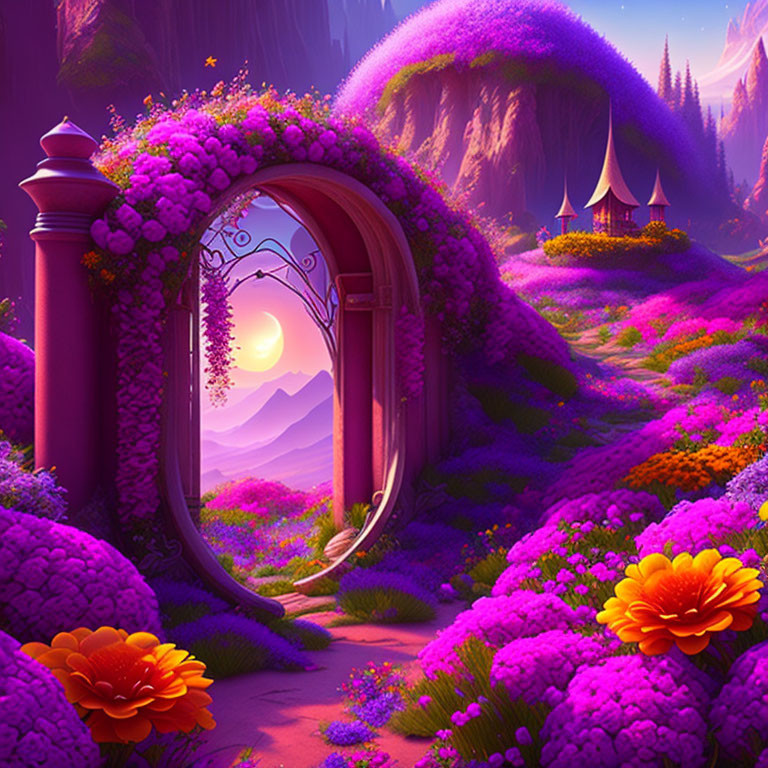 Colorful fantasy landscape with floral archway, purple foliage, mountains, and sunset sky