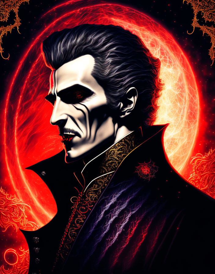 Illustrated portrait of a pale-skinned vampire with sharp fangs and slicked-back hair.