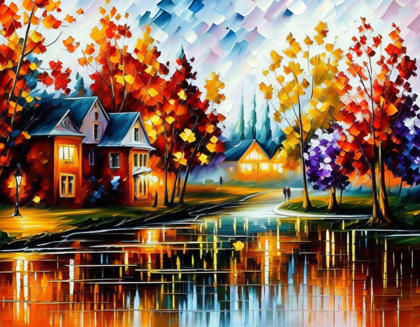 Impressionistic painting of cozy village in autumn twilight