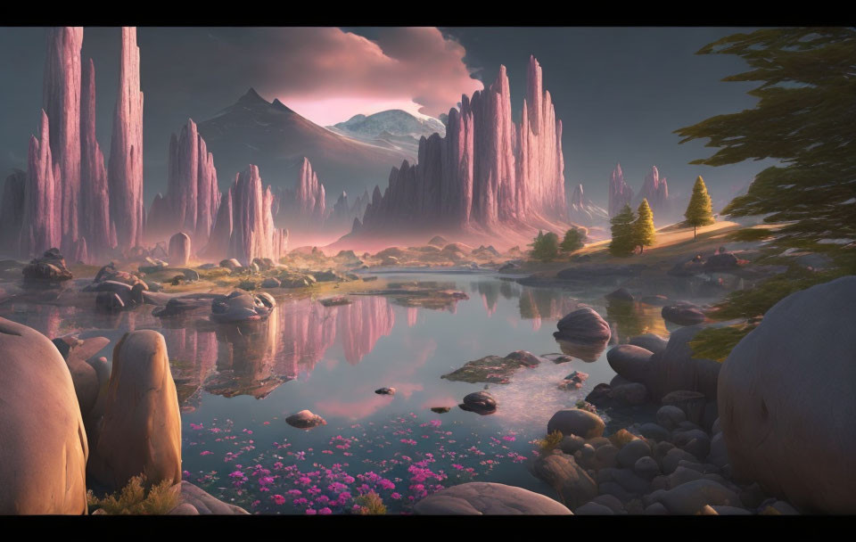 Tranquil fantasy landscape with pink rock formations, reflective river, and sunset glow