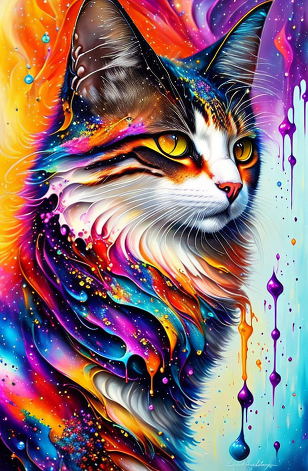 Colorful Cat Artwork with Cosmic Patterns and Paint Details