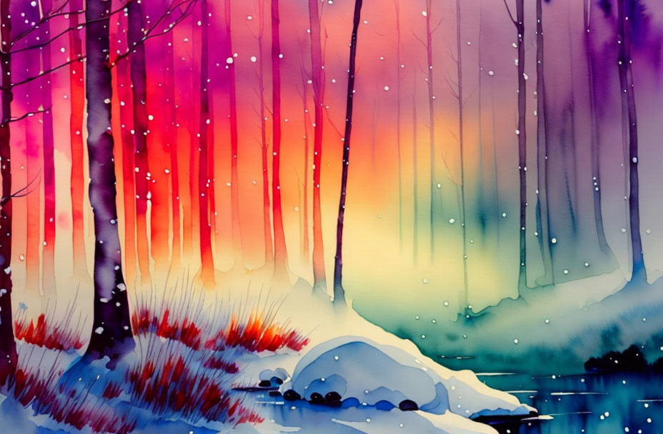 Snowy forest watercolor illustration: vibrant sunset skies, falling snowflakes.