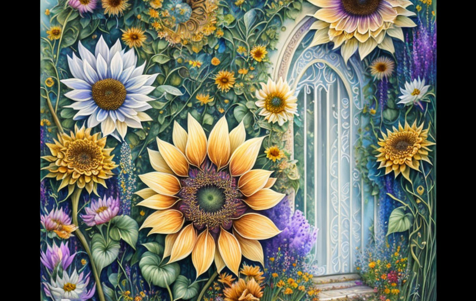 Detailed painting of whimsical garden with sunflowers, greenery, and blue door