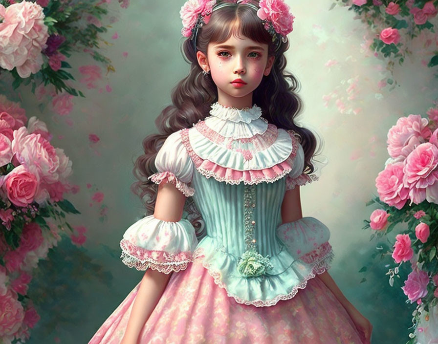 Digital artwork: Young girl in vintage pastel dress with ribbons and lace among pink roses