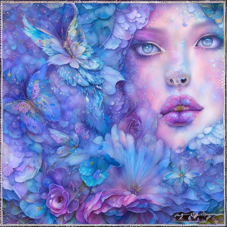 Vibrant fantasy artwork: surreal female face with flowers and butterflies