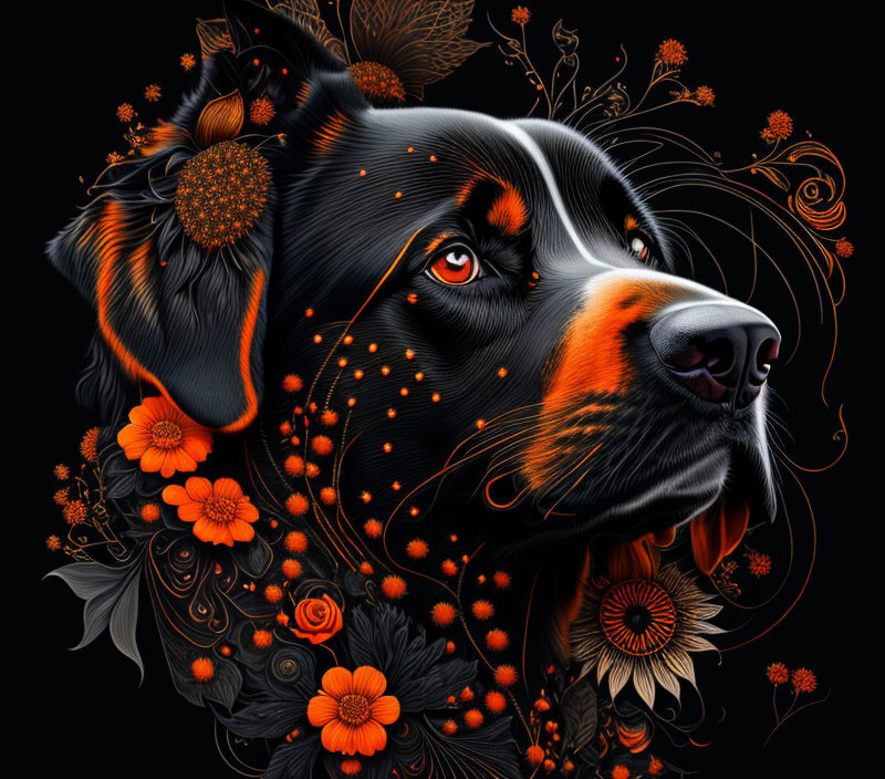 Detailed digital illustration: Black dog with orange floral patterns on dark backdrop