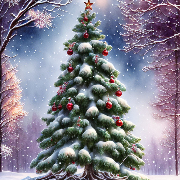 Christmas tree with red ornaments and golden star in snowy landscape